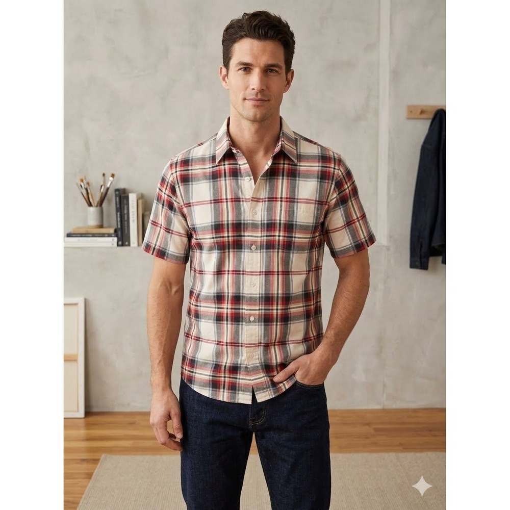 Patagonia Mens Small Short Sleeve Plaid Cotton Button Down Shirt Red Cream